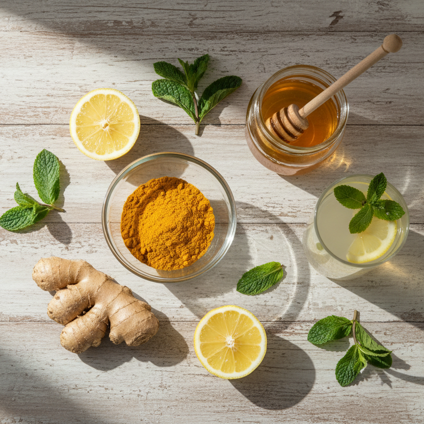A clean, high-end flat-lay of natural remedy ingredients like lemon, ginger, turmeric, mint leaves, honey, and a glass detox drink on a wooden table, soft natural light, top-down minimal wellness style, perfect for a Shopify landing page hero section.”