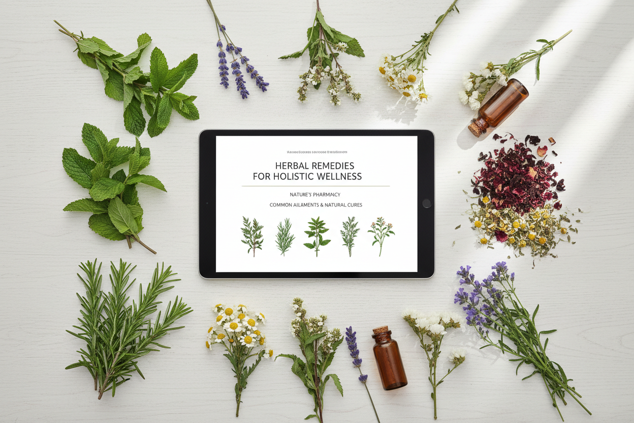 “A flat-lay picture of an open ebook on a tablet screen surrounded by herbal ingredients, minimal aesthetic, natural light, wellness design.”